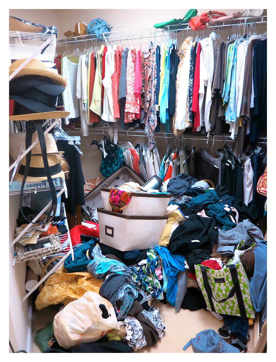 Master bedroom closet makeover. See how this disorganized and messy closet was completely transformed with custom shelving, crown moulding and storage.